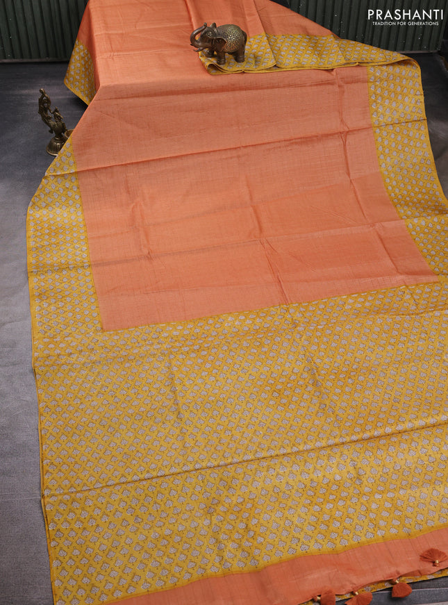 Pure tussar silk saree orange and yellow with allover zari checked pattern and block printed pallu & border