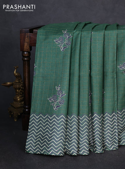 Pure tussar silk saree green with allover zari checks & butta prints and printed pallu & border