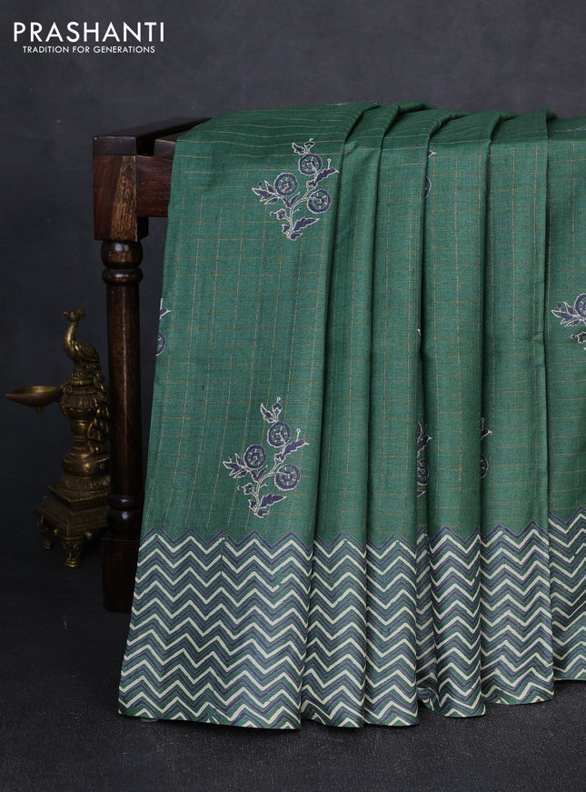 Pure tussar silk saree green with allover zari checks & butta prints and printed pallu & border