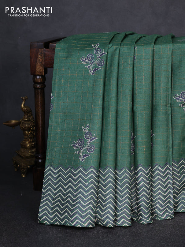 Pure tussar silk saree green with allover zari checks & butta prints and printed pallu & border