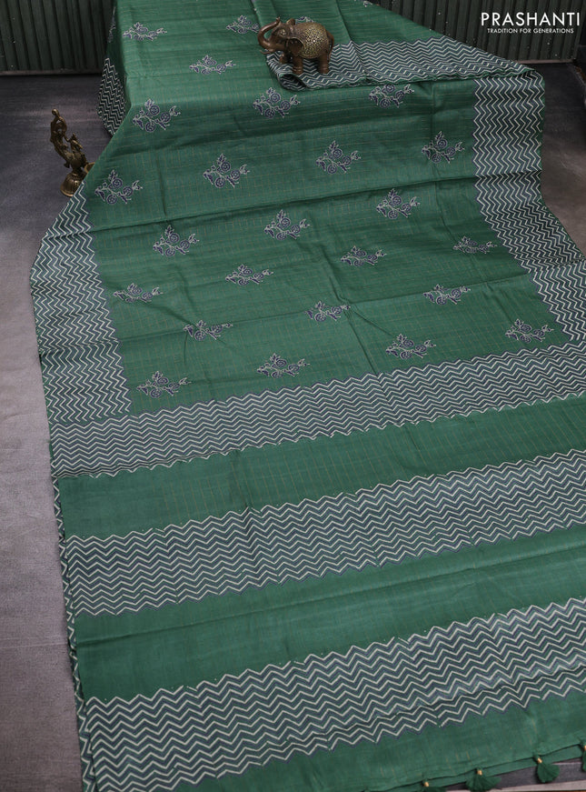 Pure tussar silk saree green with allover zari checks & butta prints and printed pallu & border