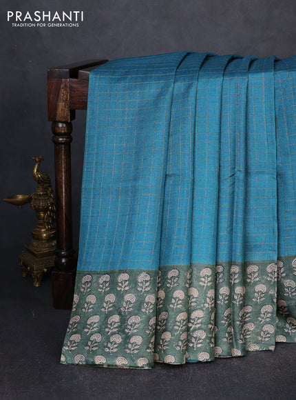 Pure tussar silk saree teal green and green with allover zari checked pattern and block printed pallu & border