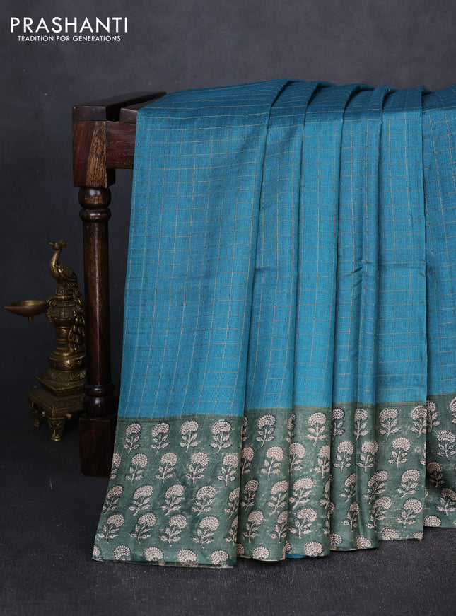Pure tussar silk saree teal green and green with allover zari checked pattern and block printed pallu & border