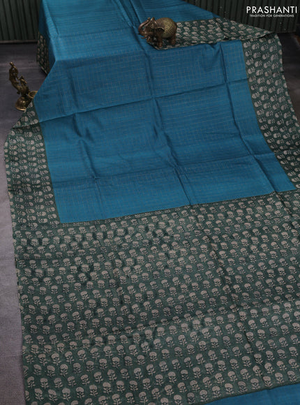 Pure tussar silk saree teal green and green with allover zari checked pattern and block printed pallu & border