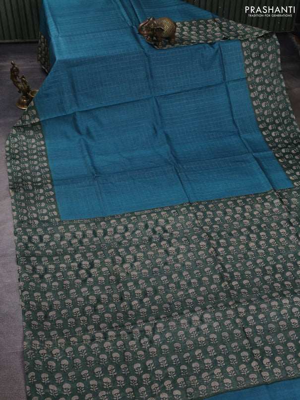 Pure tussar silk saree teal green and green with allover zari checked pattern and block printed pallu & border