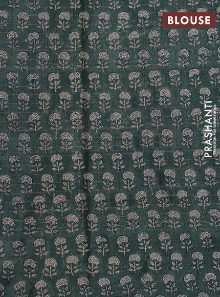 Pure tussar silk saree teal green and green with allover zari checked pattern and block printed pallu & border