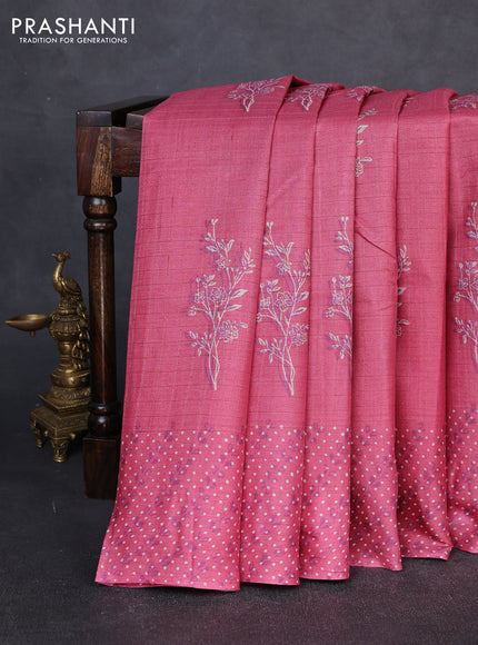 Pure tussar silk saree pink with allover zari checks & butta prints and printed pallu & border