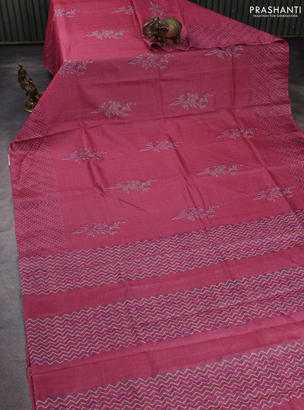 Pure tussar silk saree pink with allover zari checks & butta prints and printed pallu & border