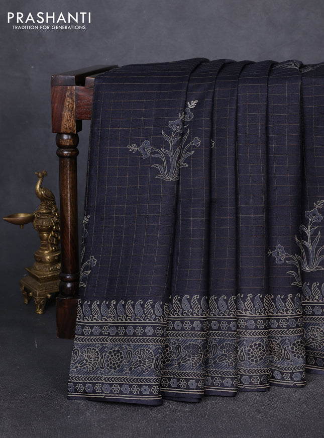 Pure tussar silk saree black with allover zari checks & butta prints and printed pallu & border