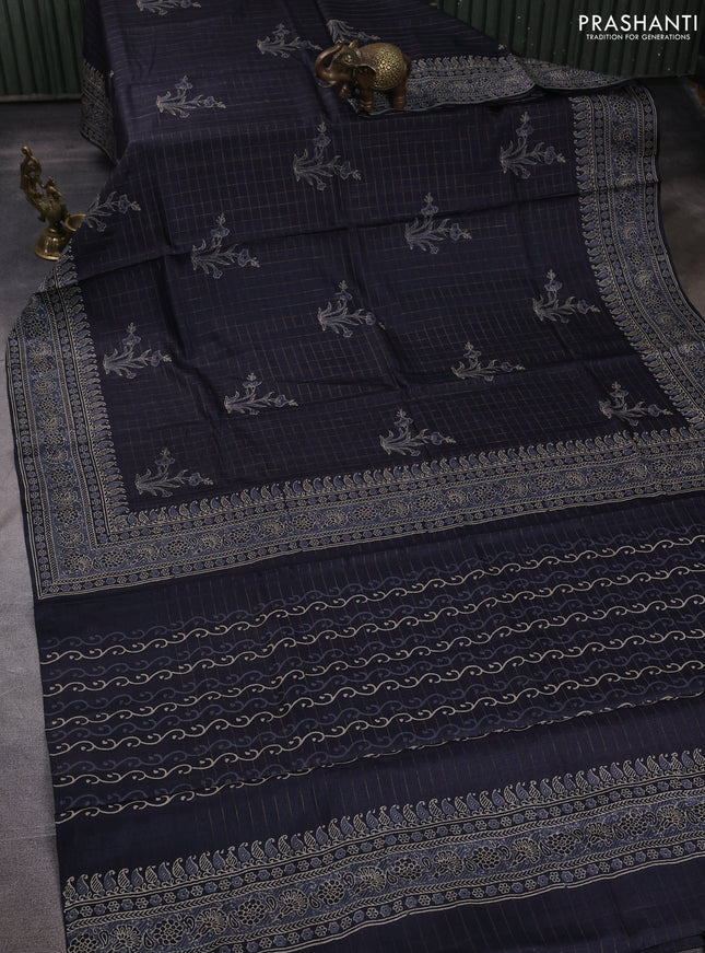 Pure tussar silk saree black with allover zari checks & butta prints and printed pallu & border