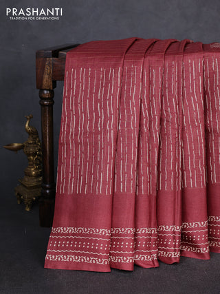 Pure tussar silk saree deep maroon with allover zari checks & prints and printed pallu & border