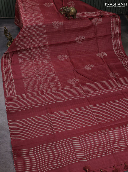 Pure tussar silk saree deep maroon with allover zari checks & prints and printed pallu & border