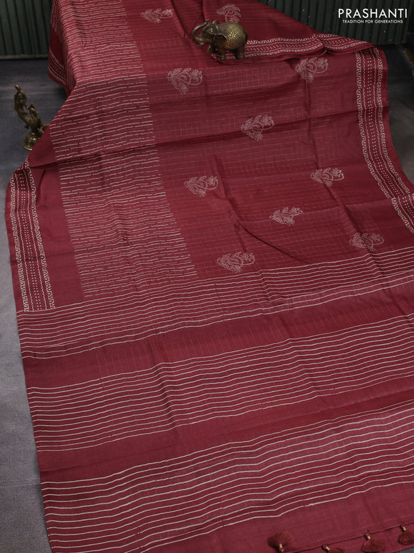Pure tussar silk saree deep maroon with allover zari checks & prints and printed pallu & border