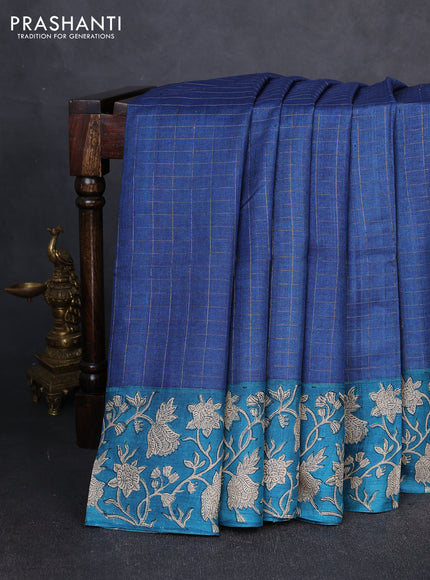 Pure tussar silk saree navy blue and peacock green with allover zari checked pattern and block printed pallu & border