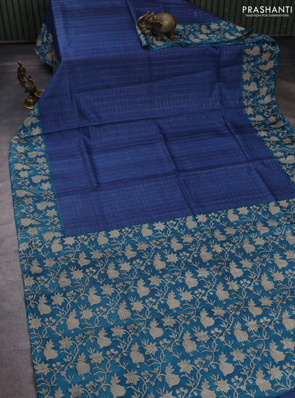 Pure tussar silk saree navy blue and peacock green with allover zari checked pattern and block printed pallu & border