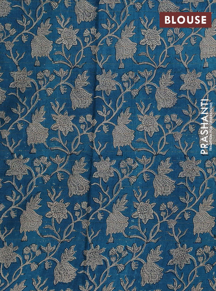 Pure tussar silk saree navy blue and peacock green with allover zari checked pattern and block printed pallu & border