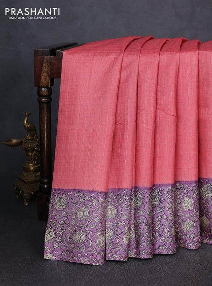 Pure tussar silk saree dark peach and lilac with allover zari checked pattern and block printed pallu & border