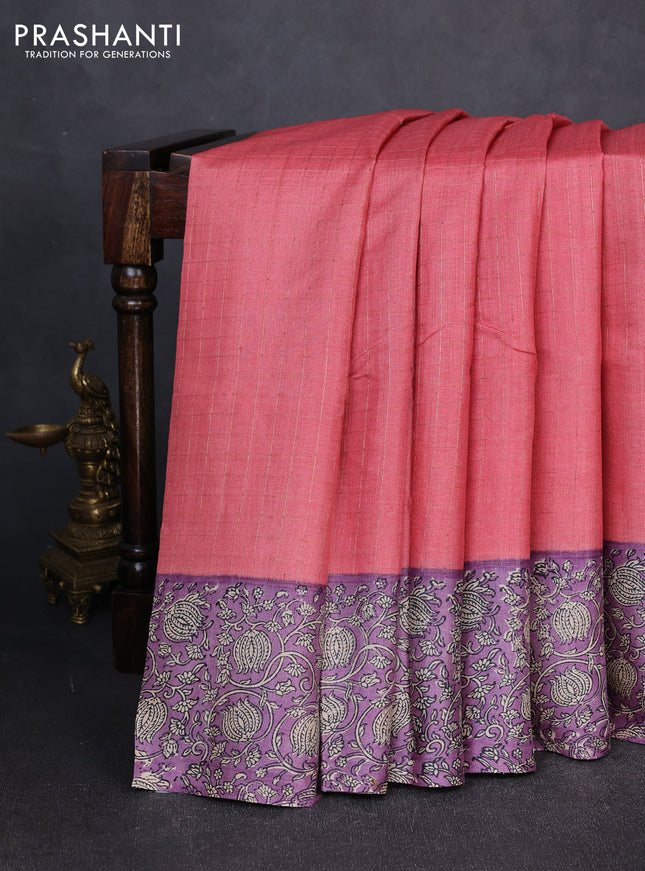 Pure tussar silk saree dark peach and lilac with allover zari checked pattern and block printed pallu & border
