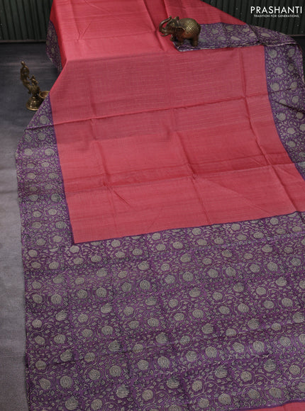 Pure tussar silk saree dark peach and lilac with allover zari checked pattern and block printed pallu & border
