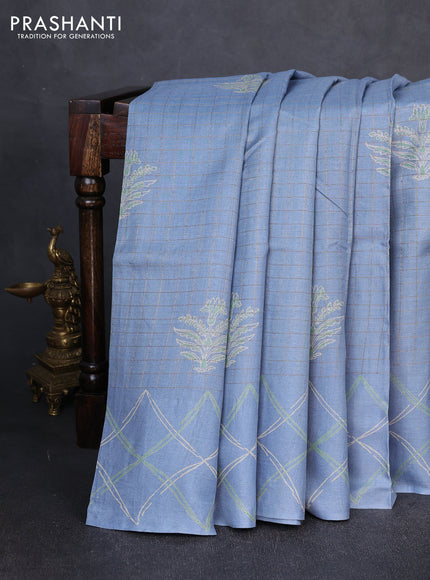 Pure tussar silk saree greyish blue with allover zari checks & butta prints and printed pallu & border