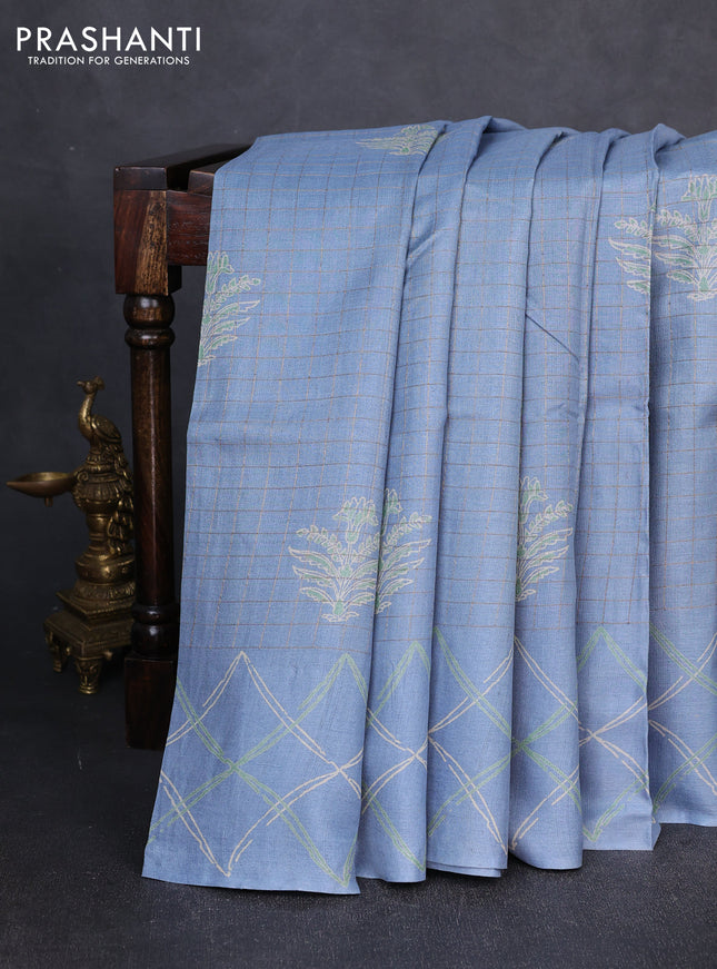 Pure tussar silk saree greyish blue with allover zari checks & butta prints and printed pallu & border