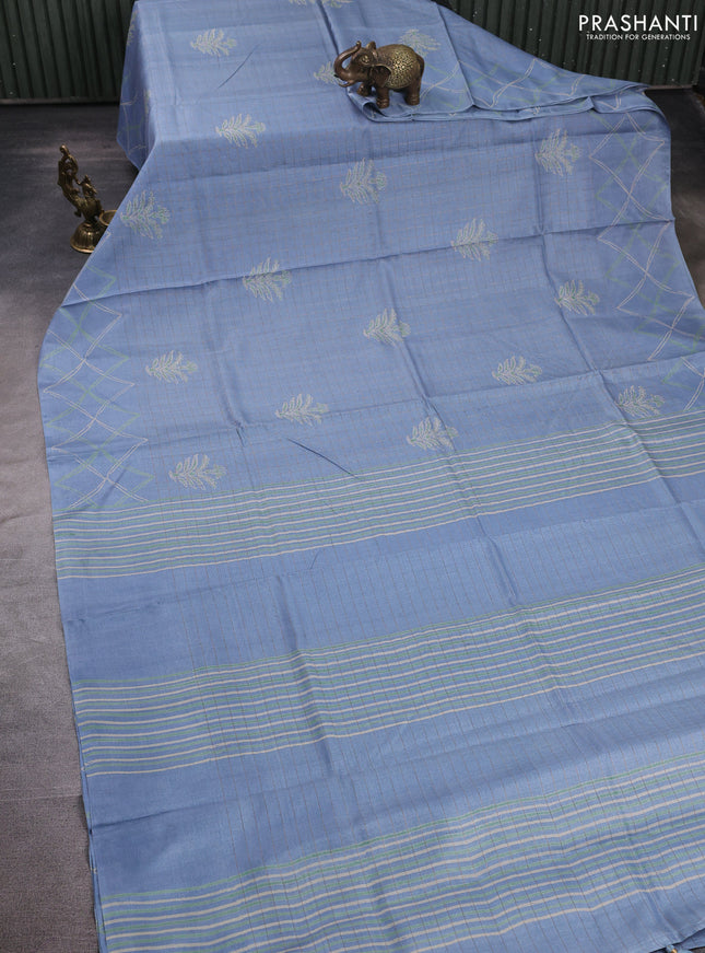 Pure tussar silk saree greyish blue with allover zari checks & butta prints and printed pallu & border