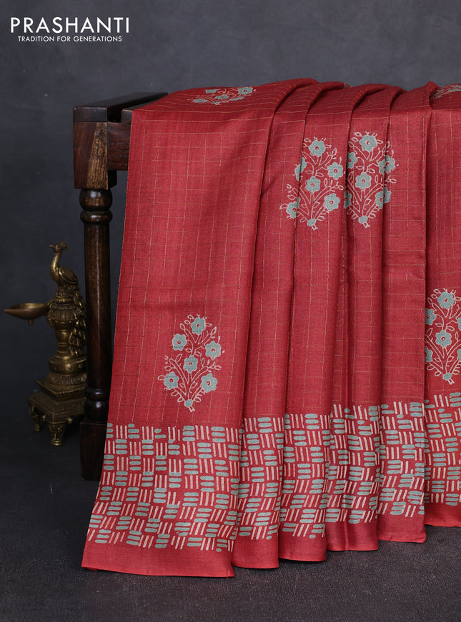 Pure tussar silk saree maroon with allover zari checks & butta prints and printed pallu & border