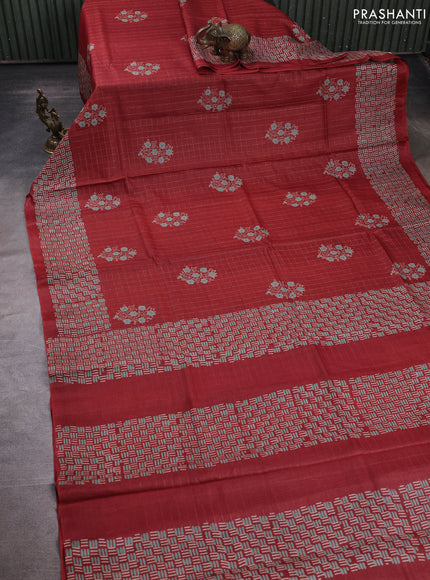 Pure tussar silk saree maroon with allover zari checks & butta prints and printed pallu & border