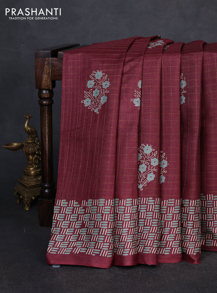 Pure tussar silk saree deep maroon with allover zari checks & butta prints and printed pallu & border