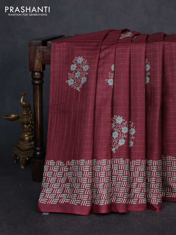 Pure tussar silk saree deep maroon with allover zari checks & butta prints and printed pallu & border
