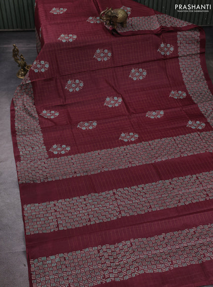 Pure tussar silk saree deep maroon with allover zari checks & butta prints and printed pallu & border