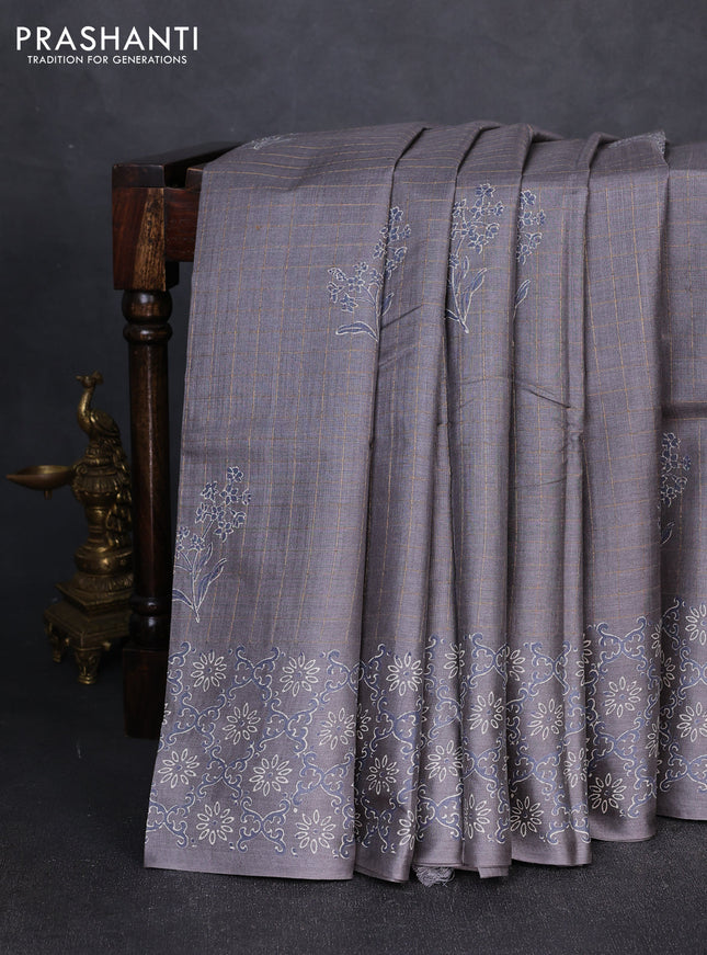 Pure tussar silk saree grey with allover zari checks & butta prints and printed pallu & border