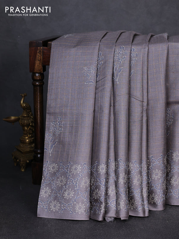 Pure tussar silk saree grey with allover zari checks & butta prints and printed pallu & border