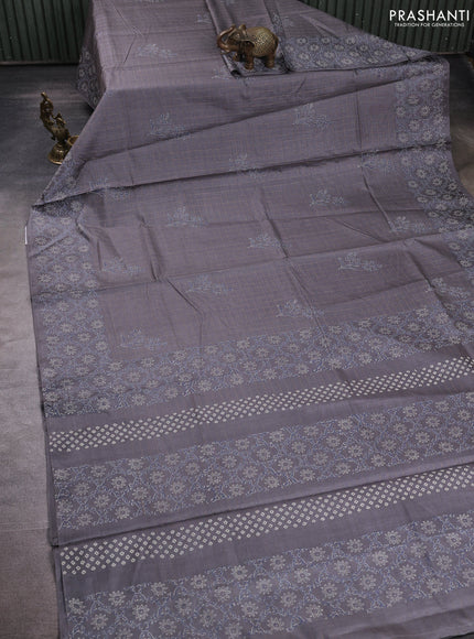 Pure tussar silk saree grey with allover zari checks & butta prints and printed pallu & border