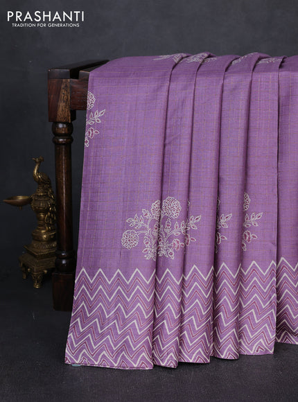 Pure tussar silk saree lilac with allover zari checks & butta prints and printed pallu & border