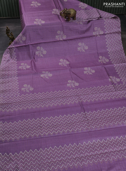 Pure tussar silk saree lilac with allover zari checks & butta prints and printed pallu & border
