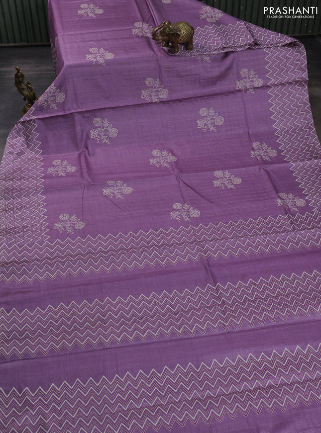 Pure tussar silk saree lilac with allover zari checks & butta prints and printed pallu & border