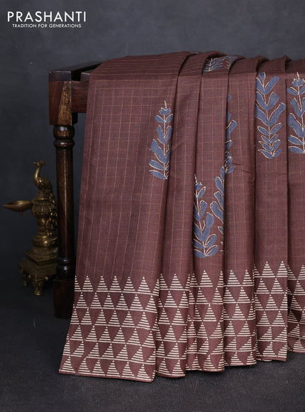 Pure tussar silk saree brown with allover zari checks & butta prints and printed pallu & border