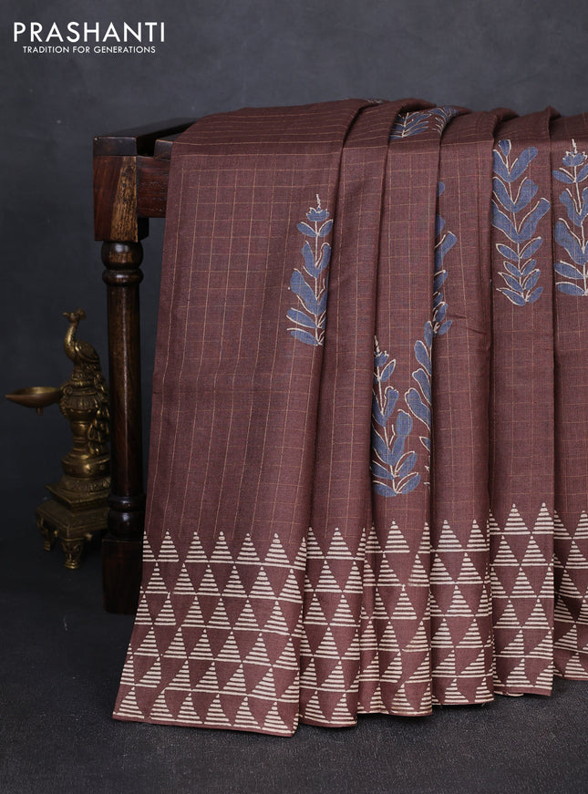 Pure tussar silk saree brown with allover zari checks & butta prints and printed pallu & border