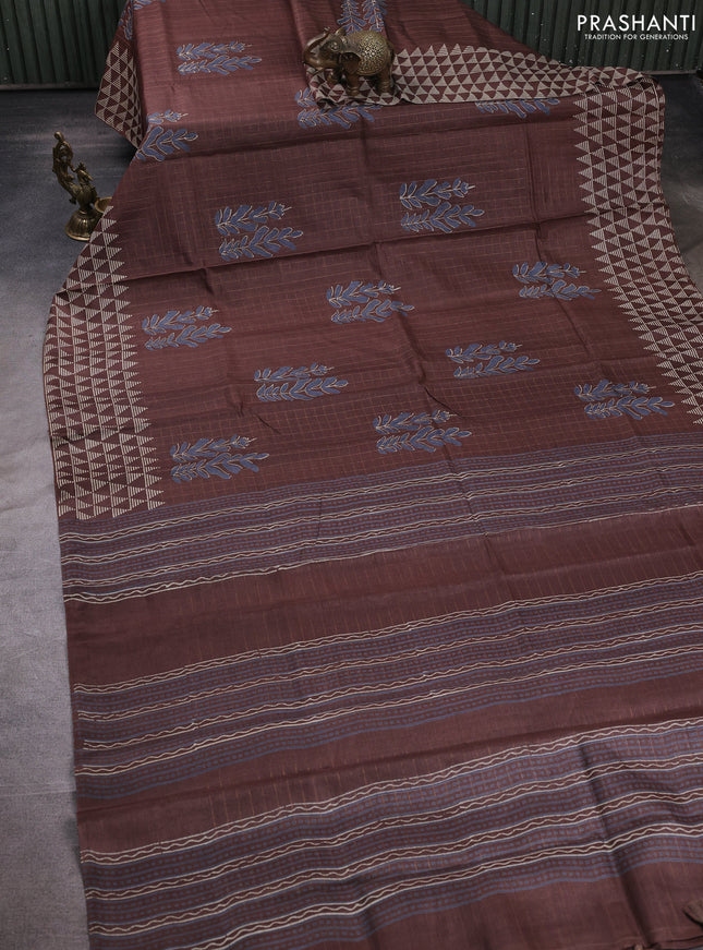 Pure tussar silk saree brown with allover zari checks & butta prints and printed pallu & border
