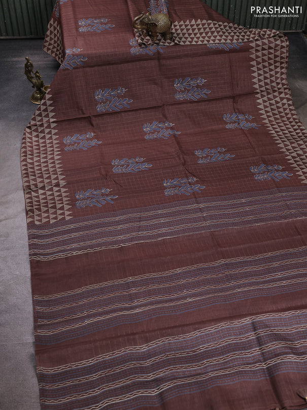 Pure tussar silk saree brown with allover zari checks & butta prints and printed pallu & border
