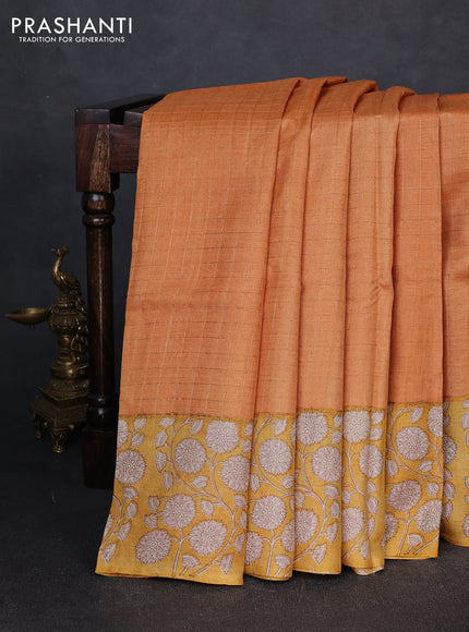 Pure tussar silk saree orange and yellow with allover zari checked pattern and block printed pallu & border