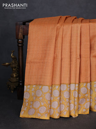 Pure tussar silk saree orange and yellow with allover zari checked pattern and block printed pallu & border