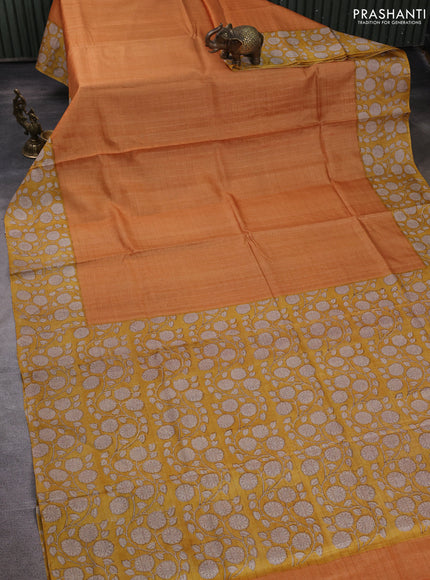 Pure tussar silk saree orange and yellow with allover zari checked pattern and block printed pallu & border