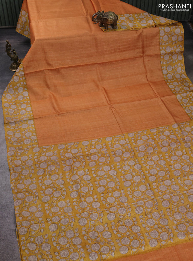 Pure tussar silk saree orange and yellow with allover zari checked pattern and block printed pallu & border