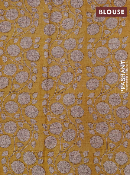 Pure tussar silk saree orange and yellow with allover zari checked pattern and block printed pallu & border