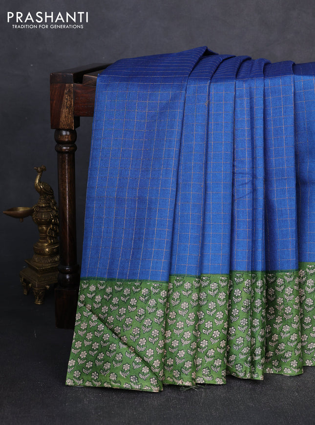 Pure tussar silk saree blue and green with allover zari checked pattern and block printed pallu & border