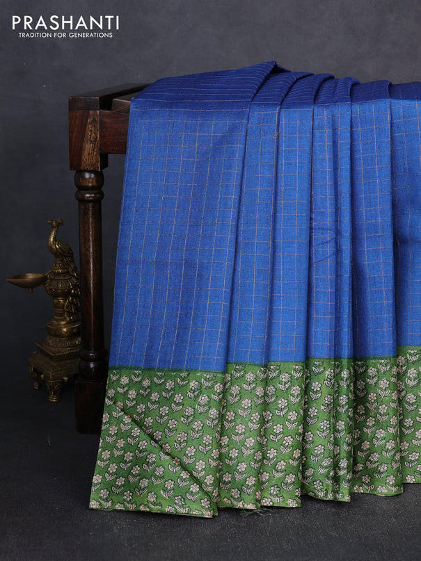 Pure tussar silk saree blue and green with allover zari checked pattern and block printed pallu & border