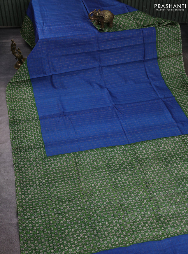 Pure tussar silk saree blue and green with allover zari checked pattern and block printed pallu & border