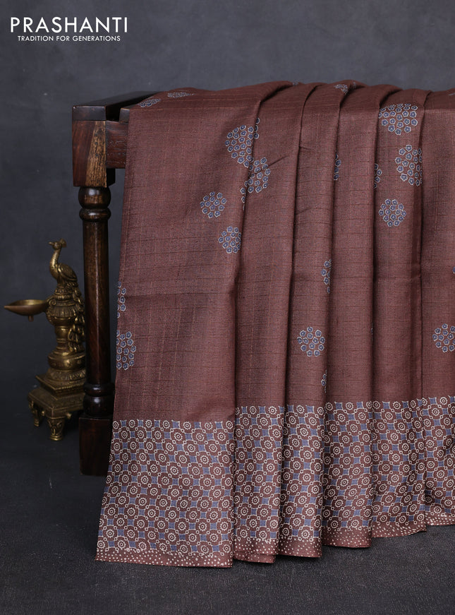 Pure tussar silk saree brown with allover zari checks & butta prints and printed pallu & border
